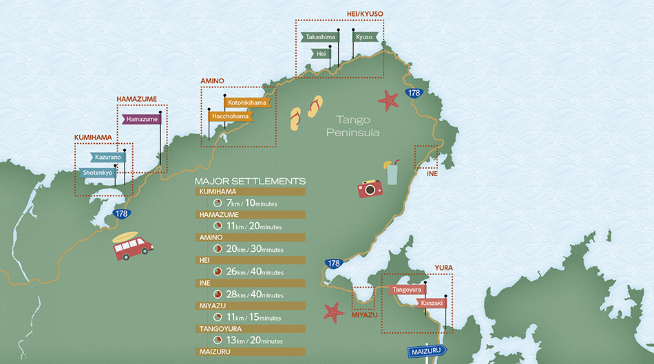 The surfing map along the Tango peninsula National Route 178 丹後半島国道178号線沿いのサーフィン地図